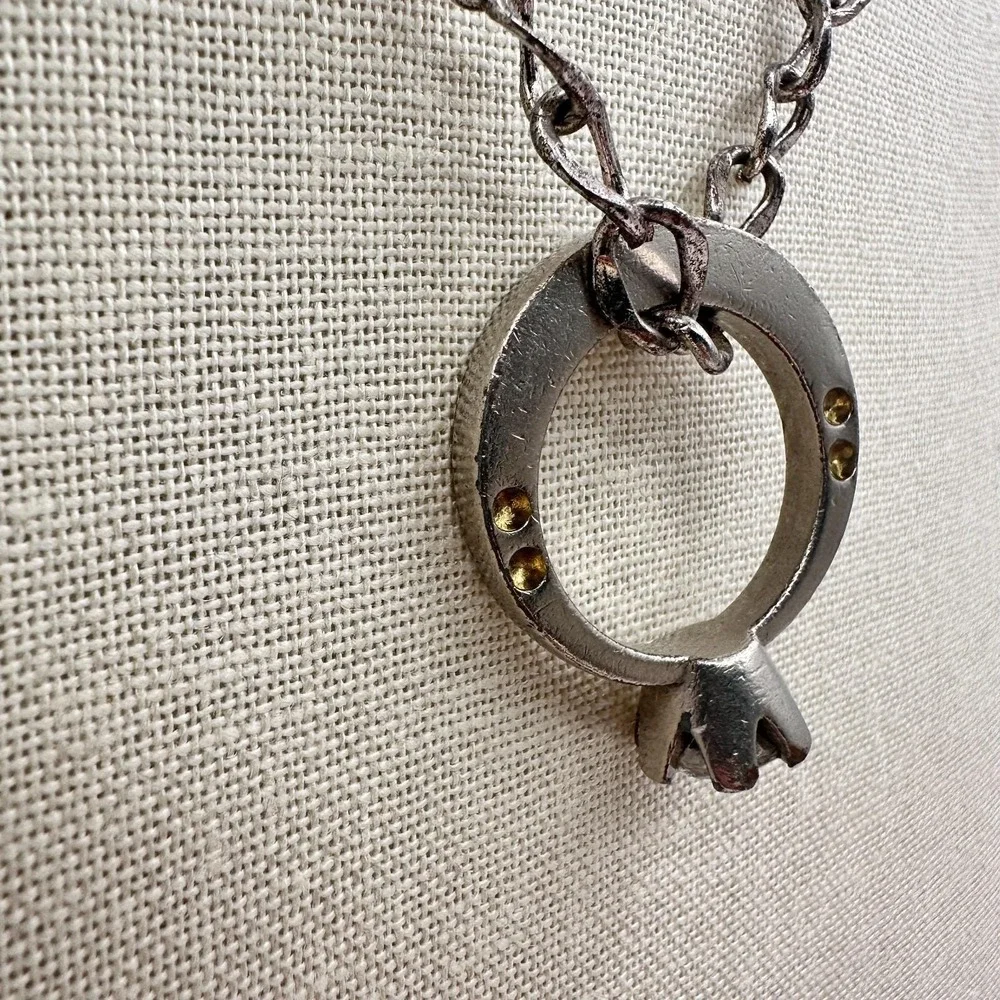 Vintage 90s Clear Rhinestone Ring Pendant Necklace‎ Silver Tone Curb Chain